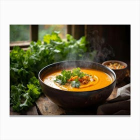 Autumn Pumpkin Curry Soup Steaming In An Earthenware Bowl Vibrant Orange Against Dark Green Lettuc Canvas Print