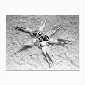 Women Making a Star in the Sand at Beach, Vintage Black and White Old Photo Canvas Print