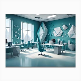 Modern Office Interior With Teal Walls And Furniture, Accented With Geometric White Paper Sculptures Canvas Print