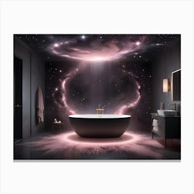 A Modern Bathroom Interior With A Black Bathtub And A Starry Sky Projection On The Ceiling, Creating A Luxurious And Relaxing Atmosphere Canvas Print