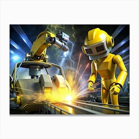 A Yellow Robot Welding With A Robotic Arm In A Factory Setting Canvas Print