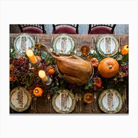 Thanksgiving Feast Elegantly Arranged Rustic Table Setting Autumnal Color Palette Rich Textures Canvas Print