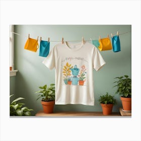 A White T Shirt With A Colorful Illustration Of A Watering Can And Plants Canvas Print