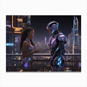 Binary Love In A Futuristic Cityscape Canvas Print