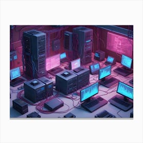 A Server Room With Multiple Computers, Servers, And Wires, Lit By Pink And Blue Neon Lights Canvas Print