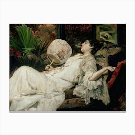 Woman With A Fan, Vintage Muted Neutral Woman Portrait Canvas Print