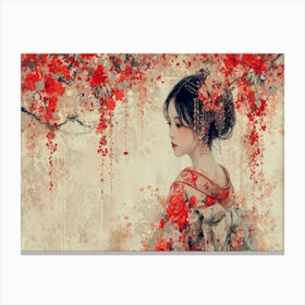 Geisha Grace: Elegance in Burgundy and Grey. Asian Girl In Red Dress Canvas Print