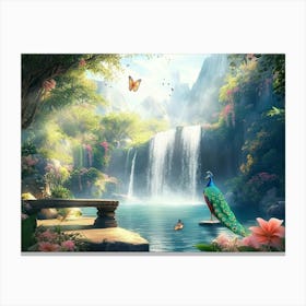 Nature Scenery Landscape with Tropical Leaves, Flowers, Forest Trees, Park, Waterfall Canvas Print