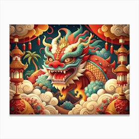 Mythical Dragon Emerging From Clouds With Lanterns Canvas Print