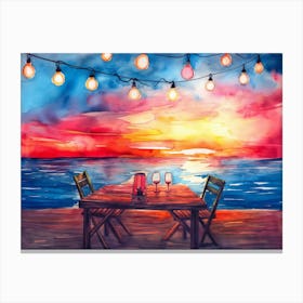 Watercolor Painting Of A Table With Chairs And String Lights With Red Lantern Canvas Print