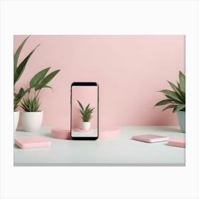 Photo Of A Smartphone On A Pink Stand With Plants On A Blue And Pink Background Canvas Print