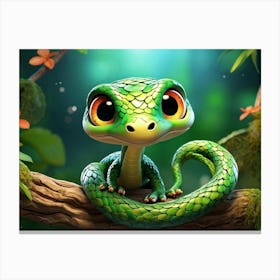 Animated 3d Baby Snake With A Knot In Its Middle Green Eyes And A Playful Demeanor Perched On A Wh Canvas Print