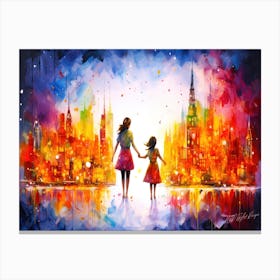 Hand In Hand - Sisters In A Cityscape Canvas Print