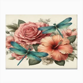 Dragonflies And Roses Canvas Print