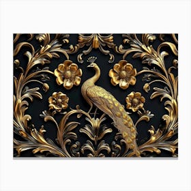 Elegant Leather Base Golden Floral Seamless Damask Flowers With Golden Peacocks On Black 1 Canvas Print