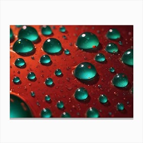 Macro Shot Of Turquoise Water Droplets On A Textured Red Surface, Creating A Captivating Abstract Pattern With Contrasting Colors Canvas Print