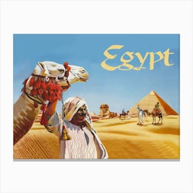 Egypt, Man With Camel Is Looking At Pyramids Canvas Print