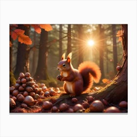 Red Squirrel Enjoying Acorns In A Sunlit Autumn Forest Canvas Print