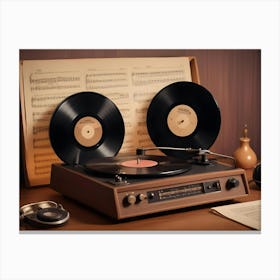 A Retro Image Of A Vintage Record Player With Vinyl Records, Headphones, And Sheet Music On A Wooden Table Canvas Print