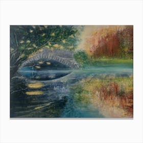 Living Room Wall Art, Autumnal Woods & Bridge Over The River Canvas Print