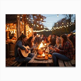 Autumn Festival Illuminated By String Lights Rustic Decorations Such As Dried Corn Husks Pumpkin A (5) Canvas Print