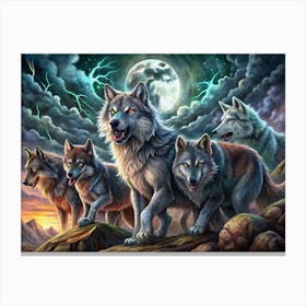 Pack Of Wolves Under A Full Moon Canvas Print