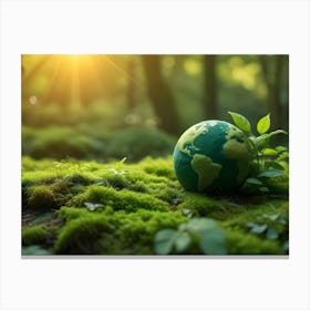 A Miniature Green Globe Resting On A Bed Of Moss In A Lush Forest With Sunlight Streaming Through The Trees, Symbolizing Environmental Awareness And Sustainability Canvas Print