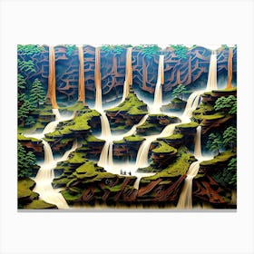 Woodcut A Tranquil Zen Wood Carving Of A Landscaping Cascading 1 Canvas Print