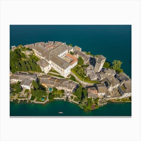 The famous island of San Giulia on Lake Orta Italy. drone view Canvas Print