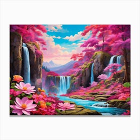 Waterfall And Pink Flowers Canvas Print