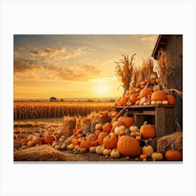 A Vintage Style Autumn Harvest Composition Showcasing Piles Of Pumpkins And Corn Cobs Scattered In (7) Canvas Print