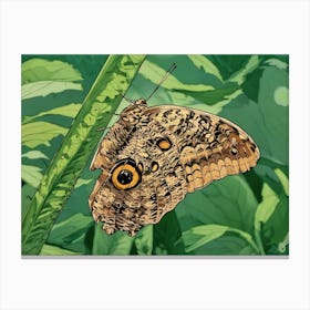 Owl Butterfly Perched on Greenery. A detailed close-up of an owl butterfly resting on a lush green plant. The intricate patterns and eye-like markings on its wings are vividly displayed, blending harmoniously with the natural surroundings. Canvas Print