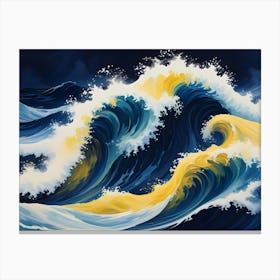 Stylized Illustration Of Large, Powerful Waves With Vibrant Yellow Crests Crashing In A Dark Blue Ocean Canvas Print