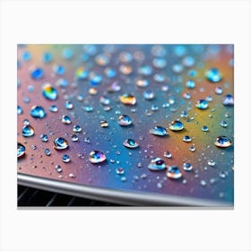 Close Up Image Of Water Droplets On A Metallic Surface With A Colorful, Blurred Background Canvas Print