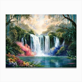 Majestic Waterfall Forest with Flowers Painting #7 Canvas Print