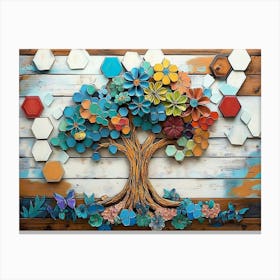 Vibrant With a Whimsical Tree, White Lattice Tiles and Colorful Hexagons on Oak Wood 1 Canvas Print