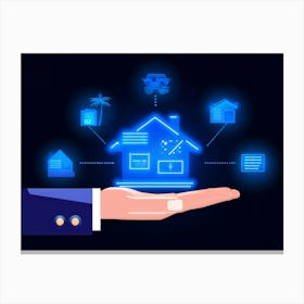 Artificial Intelligence Concept Visualized As A Hand Holding A Glowing Blue Diagram Of A Smart Home (1) Canvas Print