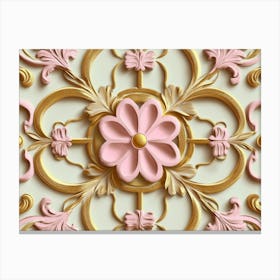 3D Sculpture Design Retro Pattern Gold Round Curve Cross Frame Pink Flower Plant Kaleidoscope Canvas Print