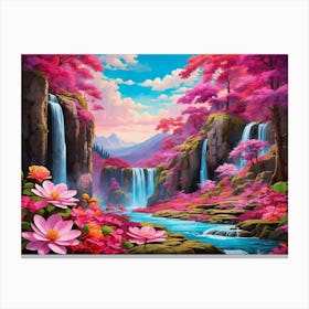 Waterfall In Pink Flowers Canvas Print