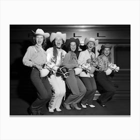 Cowgirls With Stick Horses, Western Aesthetic,Funny Vintage Black and White Old Photo Canvas Print