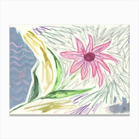 Pink Flower Within Graphite - hand drawn pink green grey gray Canvas Print