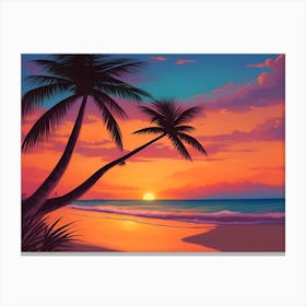 A Tranquil Beach At Sunset Horizontal Illustration 25 Canvas Print