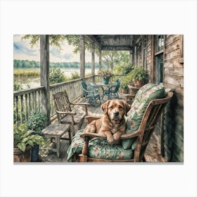 Golden Retriever In A Rocking Chair On A River House Porch Relaxing Canvas Print