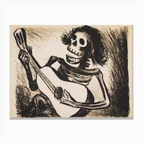 Skeleton 'Calavera' Playing Guitar - 1938 Vintage Sketch by Mexican Graphic Designer Leopoldo Mendez - Witchy Gothic Funny Cool Skull Art Witchcore Dark Aesthetic Remastered High Definition Collectable Gallery 1 Canvas Print