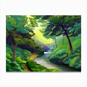 Landscape Illustration Nature Forest River Water Reflexes Shadows Plants Vegetation Trees Light Morning Canvas Print