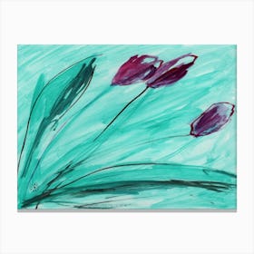 Three Wine Tulips - green red floral flower watercolor minimal hand painted Canvas Print