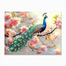 Peacock On Branch With Colorful Flowers 3d 1 Canvas Print