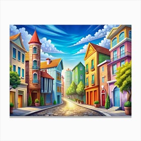 Colorful Cartoon Town With Cobblestone Street Canvas Print