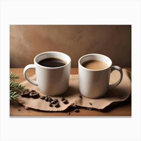 Two Coffee Mugs, One Filled With Black Coffee And The Other With Coffee With Milk, Stand On A Wooden Table Canvas Print