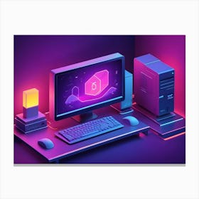 A 3d Rendering Of A Computer Workstation In A Dark Room Lit With Neon Pink And Blue Light Canvas Print